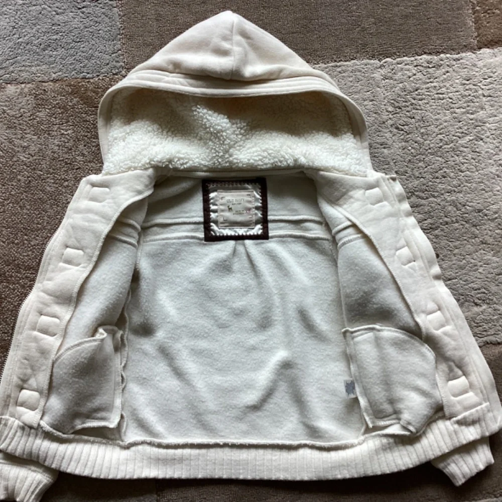 NEW OLD NAVY GIRLS CREAM COLOR FLEECE ZIPPED JACKET W SHERPA HOODY XS